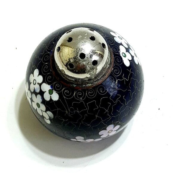 Chinese Cloisonne Salt  Vintage Enamel Brass Floral Black Blossoms  Pink - Picture 5 of 7